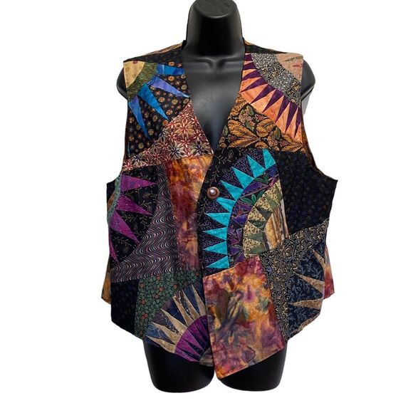 Hand Crafted Patchwork Tie-Dye Floral Print Bohemian One Button Vest Sz L/XL - Picture 3 of 16